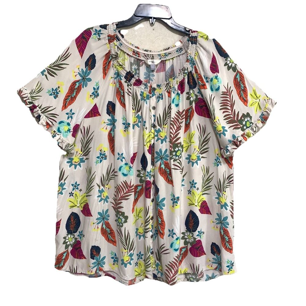 Terra & Sky Top Womens 3X Multicolored Floral Short Ruffled Sleeve Knit